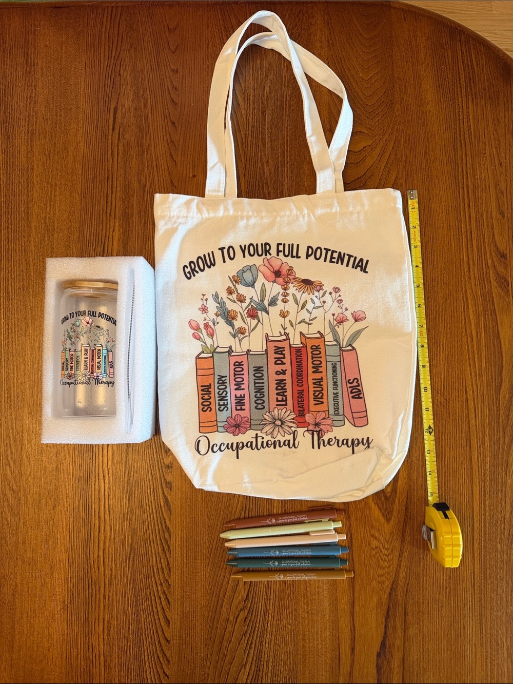Occupational Therapy Gift Set- cloth bag, glass tumbler, 6 pens, and notebook